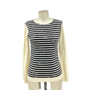 Gryphon New York Sequin Stripe Crewneck Sweater Ivory & Black Size XS‎